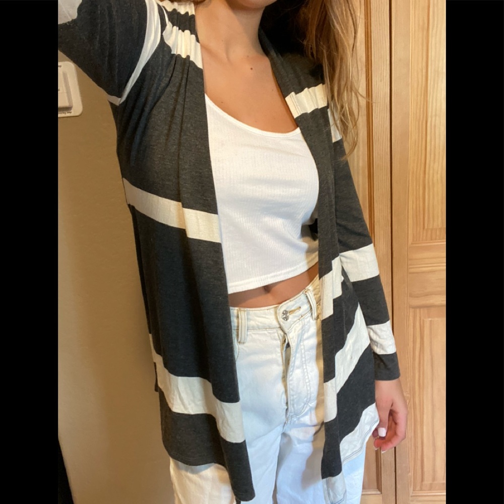 Grey and white striped light weight cardigan